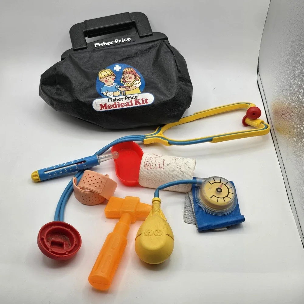 Vintage 1987 Fisher Price Medical Kit Doctor Bag & Accessories Cast Band-Aids